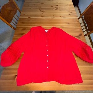 Calypso St. Barth Red Top gauze peasant Button crochet Eyelet Smock sleeve Sz 2x